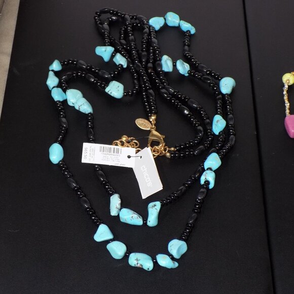 New w/$65.50 Tag Chico's Cayman Black Turquoise Double Strand Beaded Necklace - Picture 9 of 9